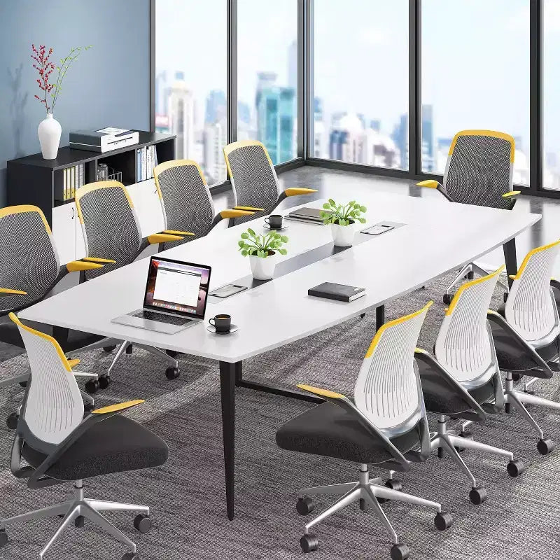 Lantine 8FT Conference Table, Boat Shaped Meeting Table with Rectangle Grommet, Modern Seminar Boardroom Table for Office