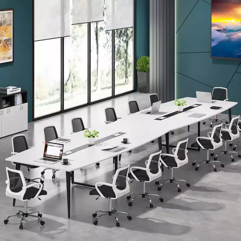Lantine 8FT Conference Table, Boat Shaped Meeting Table with Rectangle Grommet, Modern Seminar Boardroom Table for Office