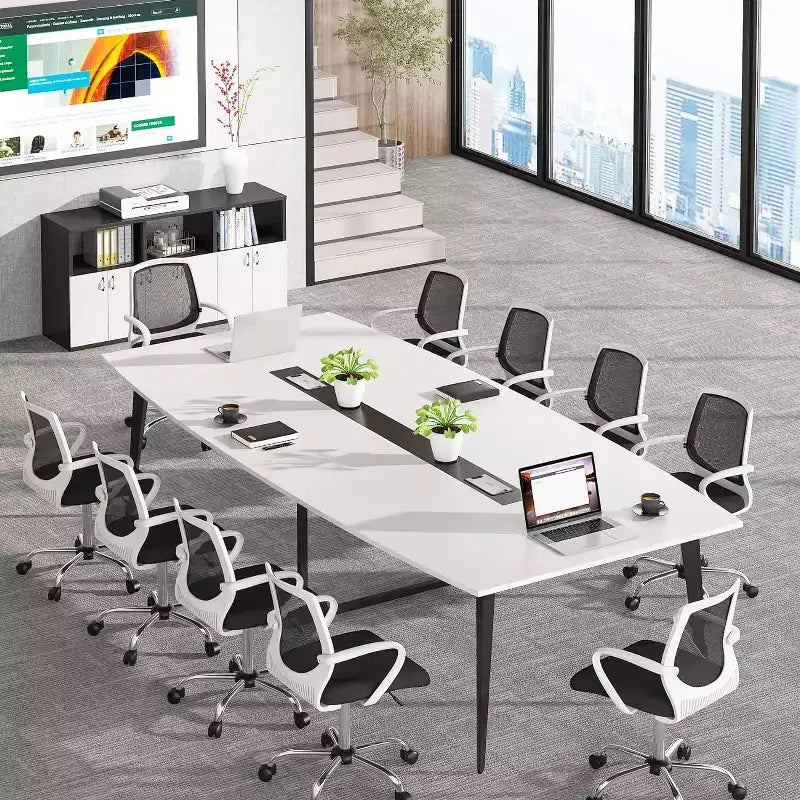 Lantine 8FT Conference Table, Boat Shaped Meeting Table with Rectangle Grommet, Modern Seminar Boardroom Table for Office