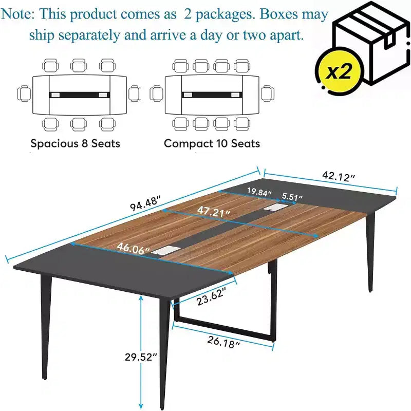 Lantine 8FT Conference Table, Boat Shaped Meeting Table with Rectangle Grommet, Modern Seminar Boardroom Table for Office