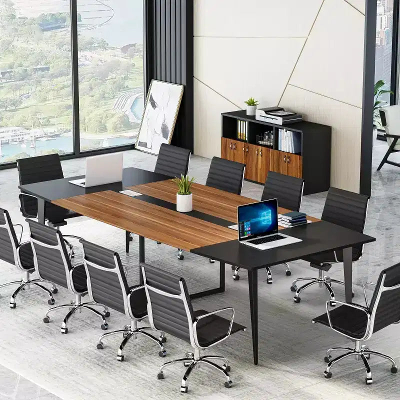 Lantine 8FT Conference Table, Boat Shaped Meeting Table with Rectangle Grommet, Modern Seminar Boardroom Table for Office