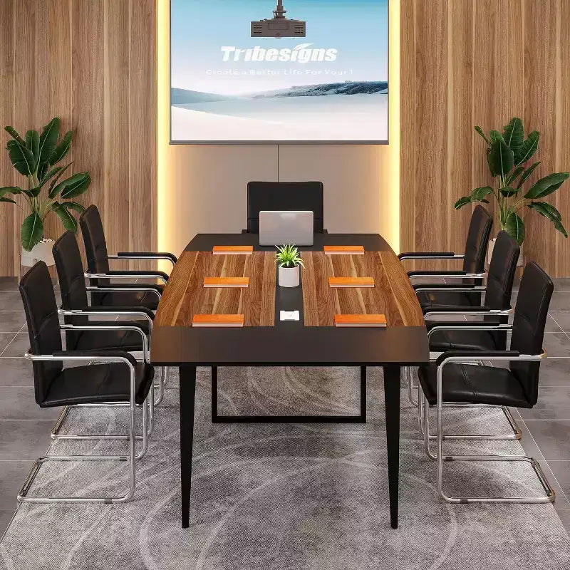 Lantine 8FT Conference Table, Boat Shaped Meeting Table with Rectangle Grommet, Modern Seminar Boardroom Table for Office