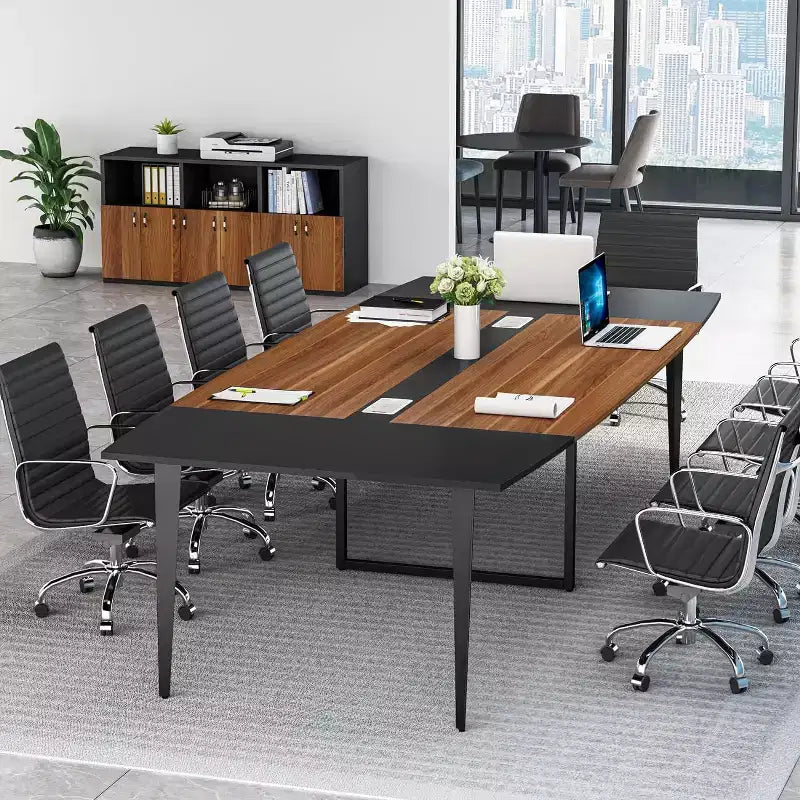 Lantine 8FT Conference Table, Boat Shaped Meeting Table with Rectangle Grommet, Modern Seminar Boardroom Table for Office