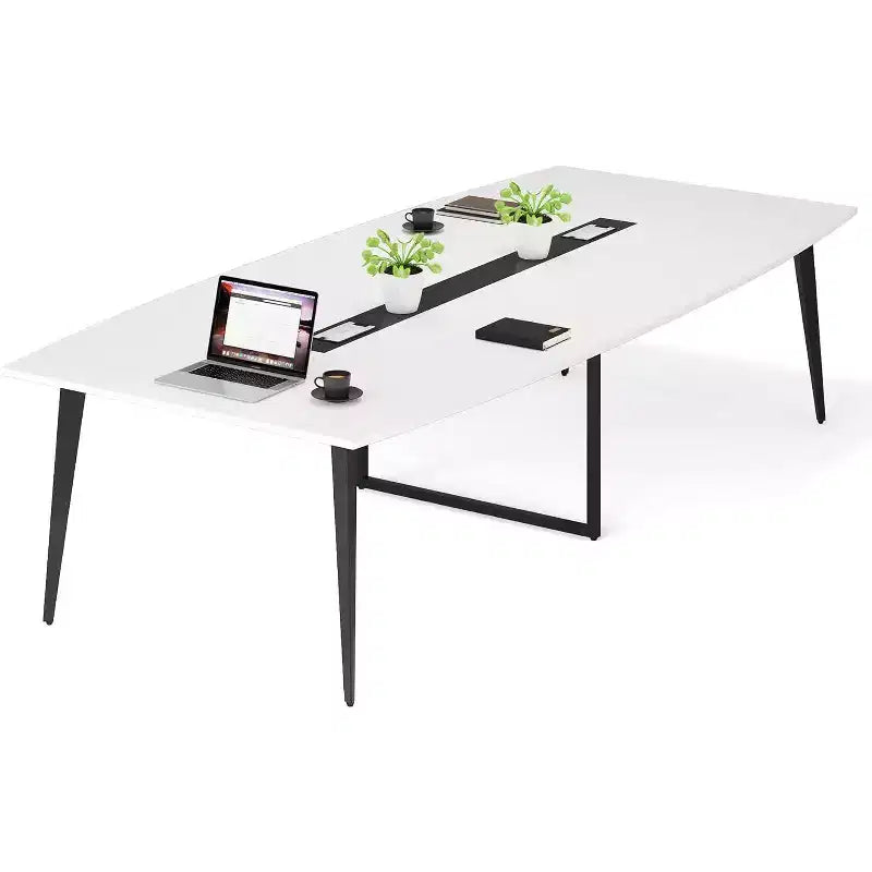 Lantine 8FT Conference Table, Boat Shaped Meeting Table with Rectangle Grommet, Modern Seminar Boardroom Table for Office