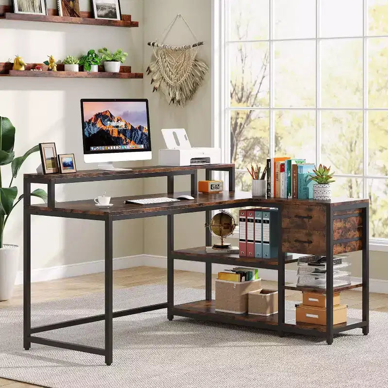 Lantine Reversible L-shaped Computer Desk with Drawer, Corner Desk Table with Storage Shelves and Monitor Stand for Home Office