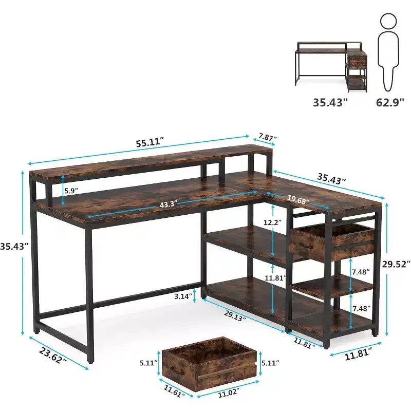 Lantine Reversible L-shaped Computer Desk with Drawer, Corner Desk Table with Storage Shelves and Monitor Stand for Home Office