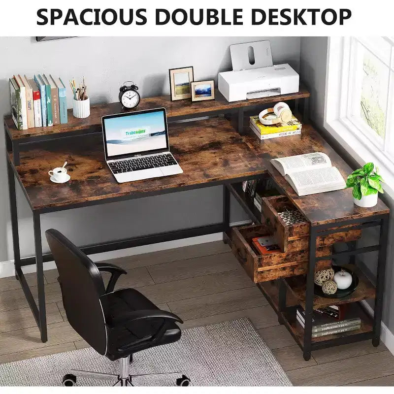 Lantine Reversible L-shaped Computer Desk with Drawer, Corner Desk Table with Storage Shelves and Monitor Stand for Home Office