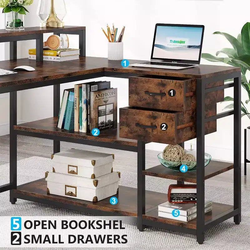 Lantine Reversible L-shaped Computer Desk with Drawer, Corner Desk Table with Storage Shelves and Monitor Stand for Home Office