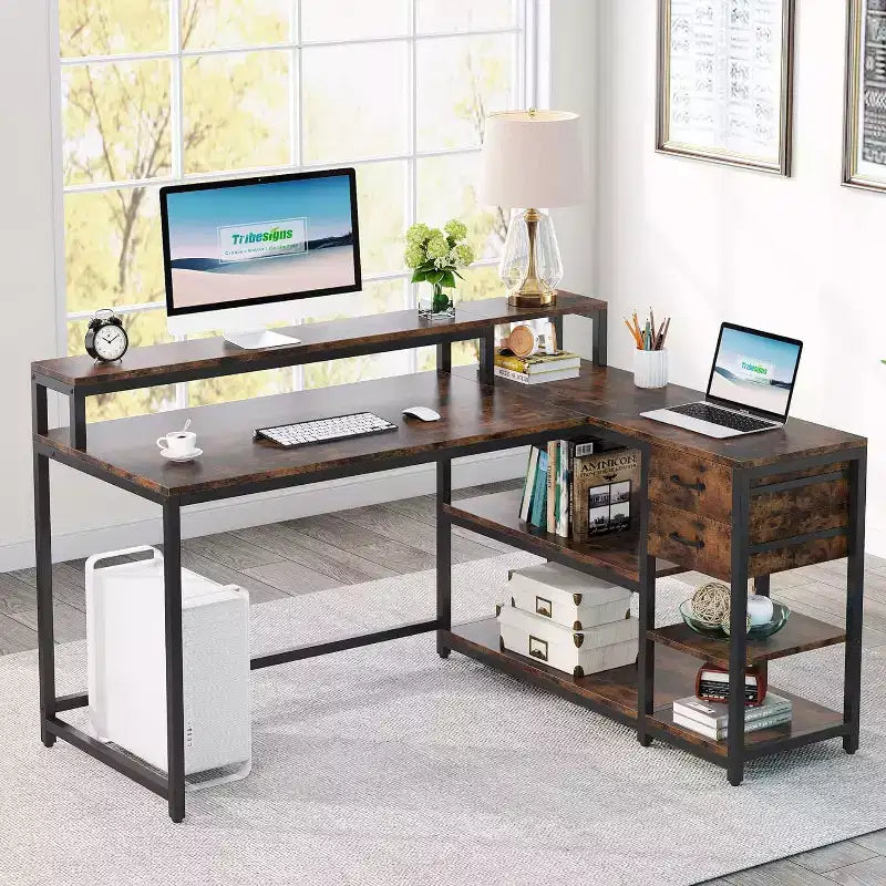 Lantine Reversible L-shaped Computer Desk with Drawer, Corner Desk Table with Storage Shelves and Monitor Stand for Home Office