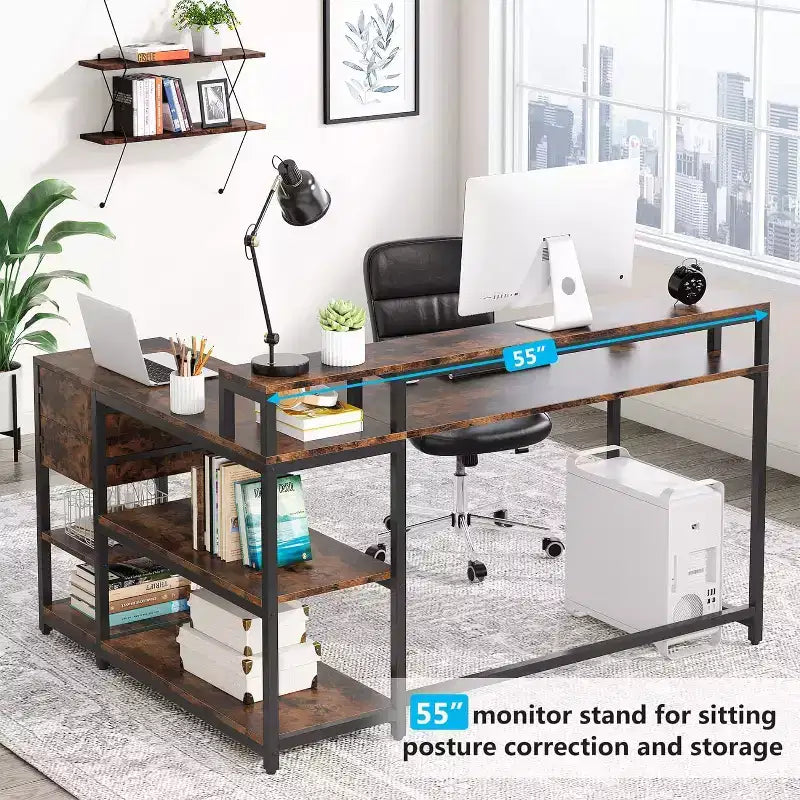 Lantine Reversible L-shaped Computer Desk with Drawer, Corner Desk Table with Storage Shelves and Monitor Stand for Home Office
