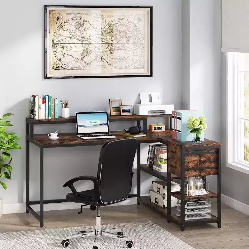 Lantine Reversible L-shaped Computer Desk with Drawer, Corner Desk Table with Storage Shelves and Monitor Stand for Home Office