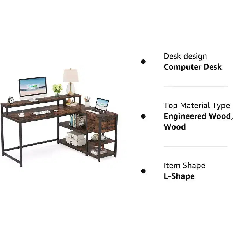 Lantine Reversible L-shaped Computer Desk with Drawer, Corner Desk Table with Storage Shelves and Monitor Stand for Home Office
