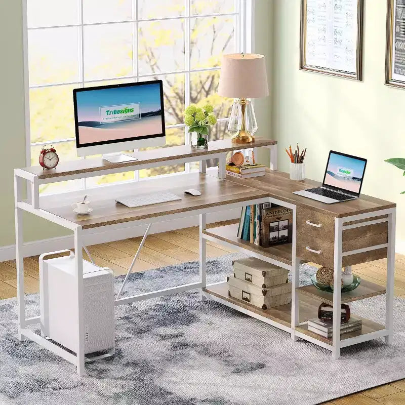 Lantine Reversible L-shaped Computer Desk with Drawer, Corner Desk Table with Storage Shelves and Monitor Stand for Home Office