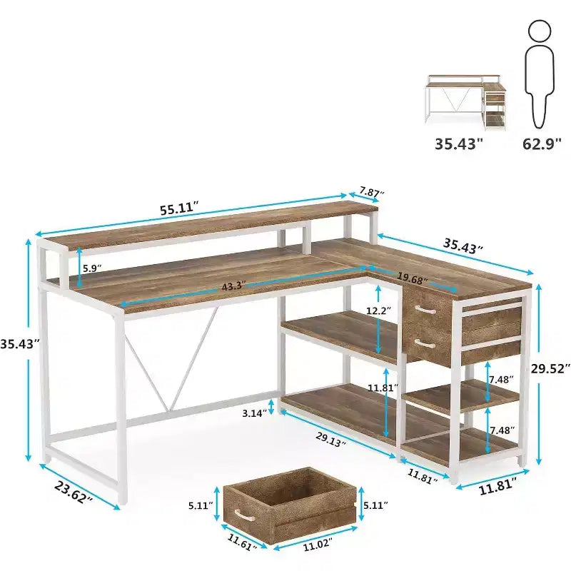 Lantine Reversible L-shaped Computer Desk with Drawer, Corner Desk Table with Storage Shelves and Monitor Stand for Home Office