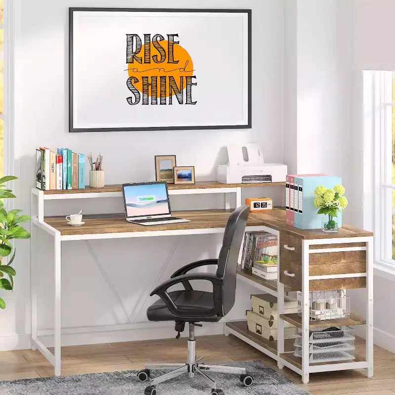 Lantine Reversible L-shaped Computer Desk with Drawer, Corner Desk Table with Storage Shelves and Monitor Stand for Home Office
