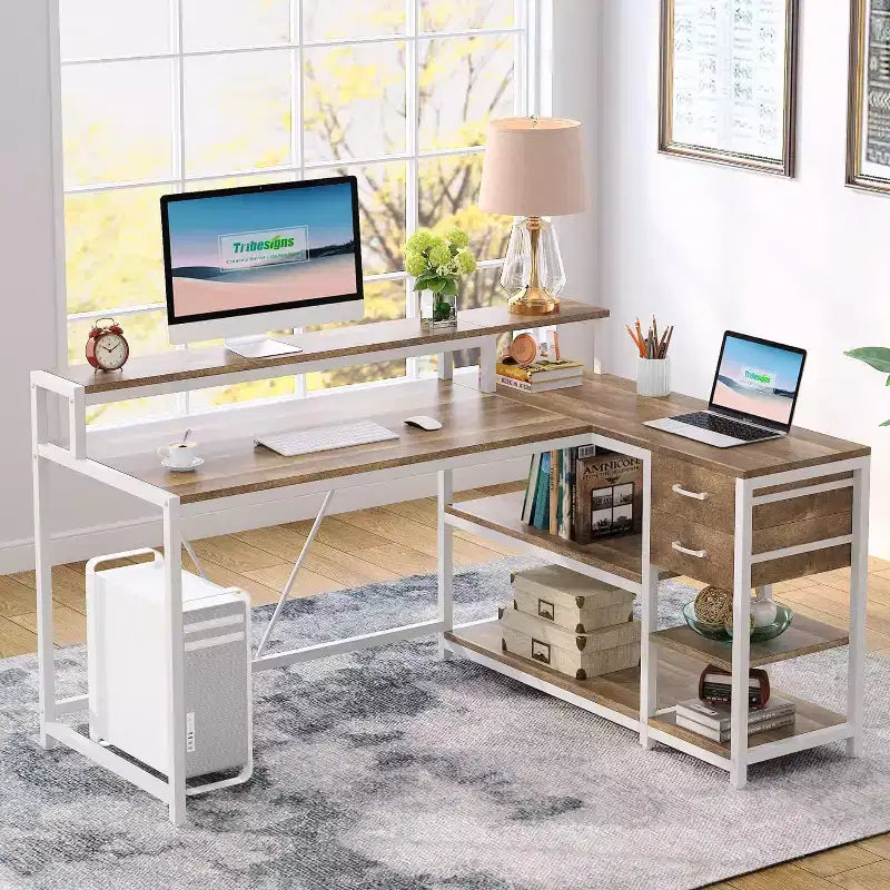 Lantine Reversible L-shaped Computer Desk with Drawer, Corner Desk Table with Storage Shelves and Monitor Stand for Home Office