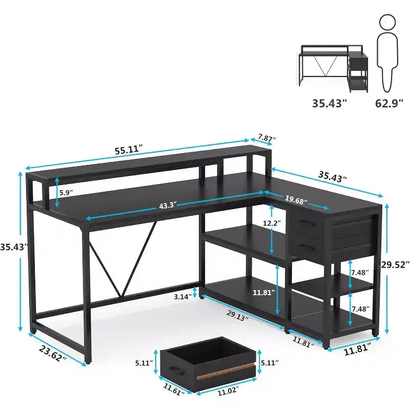 Lantine Reversible L-shaped Computer Desk with Drawer, Corner Desk Table with Storage Shelves and Monitor Stand for Home Office