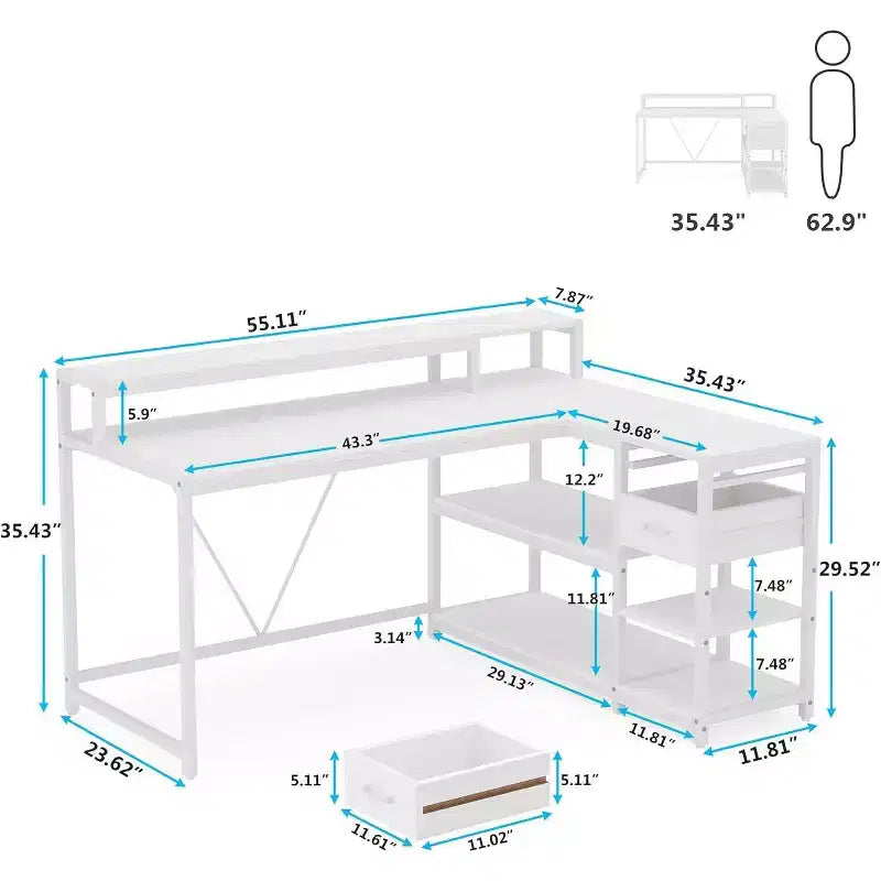 Lantine Reversible L-shaped Computer Desk with Drawer, Corner Desk Table with Storage Shelves and Monitor Stand for Home Office