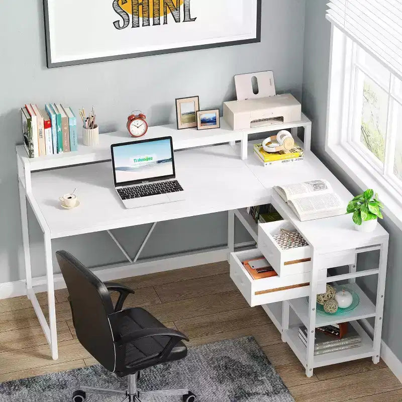 Lantine Reversible L-shaped Computer Desk with Drawer, Corner Desk Table with Storage Shelves and Monitor Stand for Home Office