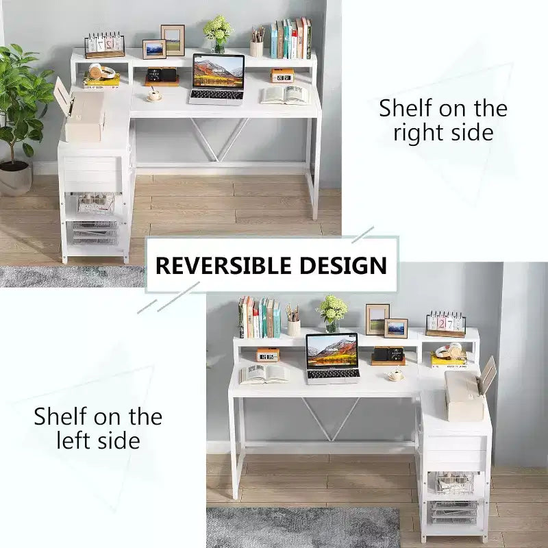 Lantine Reversible L-shaped Computer Desk with Drawer, Corner Desk Table with Storage Shelves and Monitor Stand for Home Office