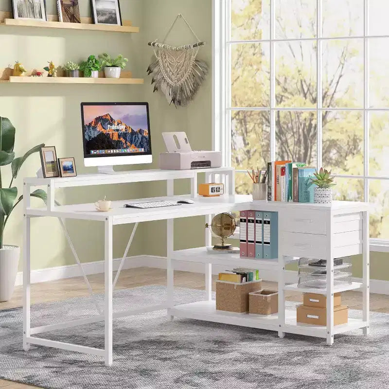 Lantine Reversible L-shaped Computer Desk with Drawer, Corner Desk Table with Storage Shelves and Monitor Stand for Home Office