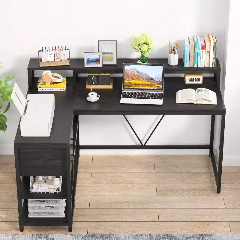 Lantine Reversible L-shaped Computer Desk with Drawer, Corner Desk Table with Storage Shelves and Monitor Stand for Home Office