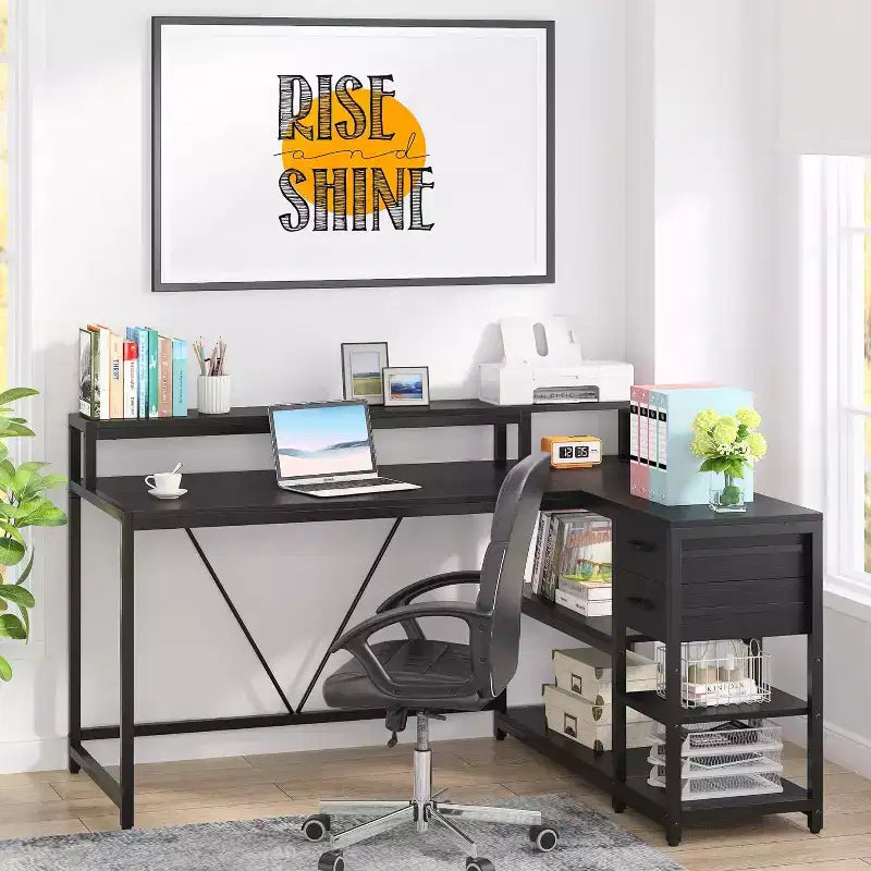 Lantine Reversible L-shaped Computer Desk with Drawer, Corner Desk Table with Storage Shelves and Monitor Stand for Home Office