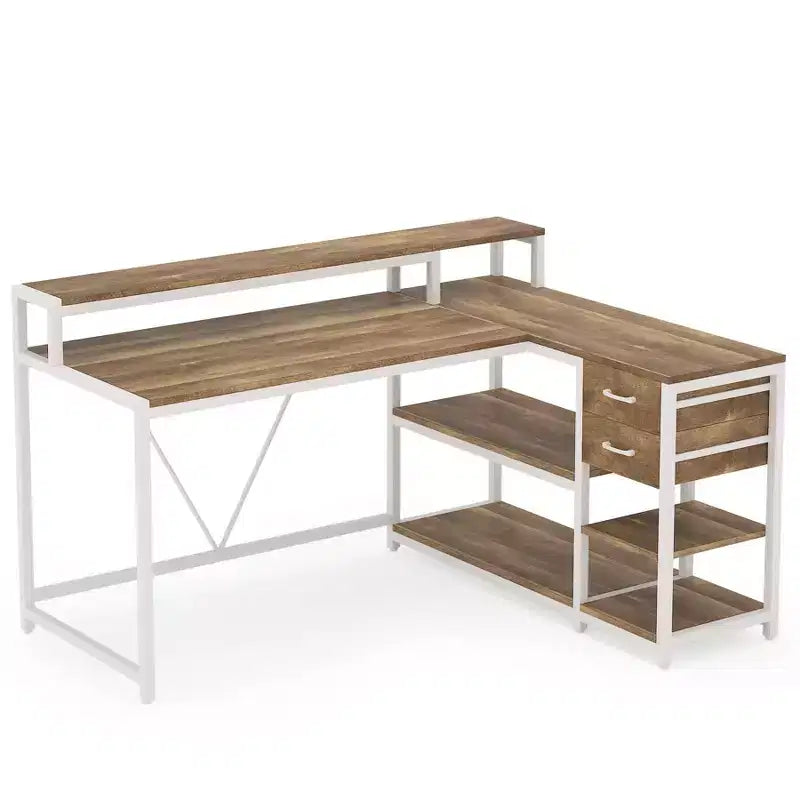 Lantine Reversible L-shaped Computer Desk with Drawer, Corner Desk Table with Storage Shelves and Monitor Stand for Home Office
