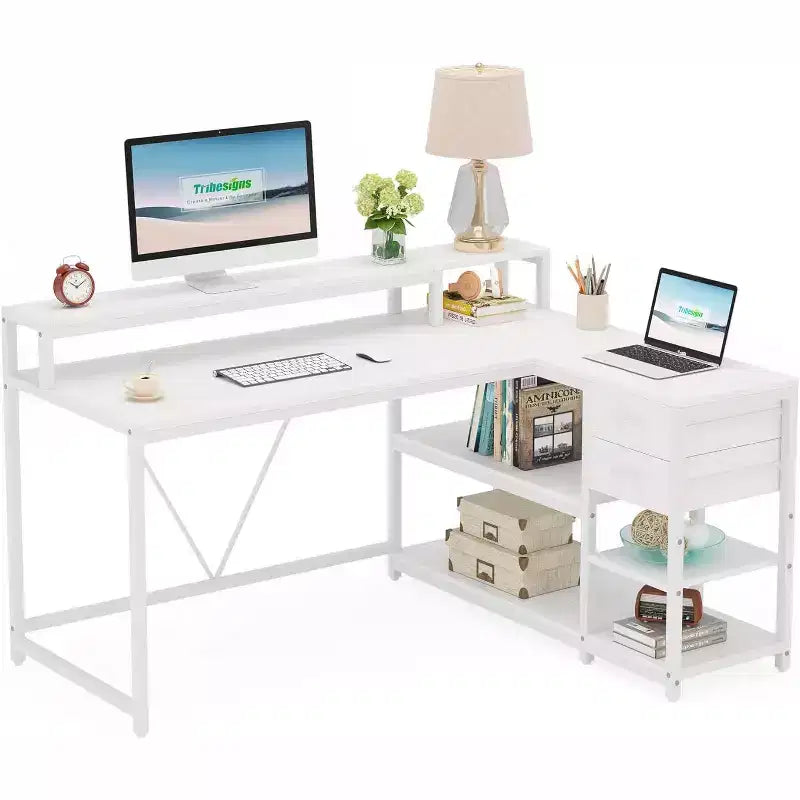 Lantine Reversible L-shaped Computer Desk with Drawer, Corner Desk Table with Storage Shelves and Monitor Stand for Home Office