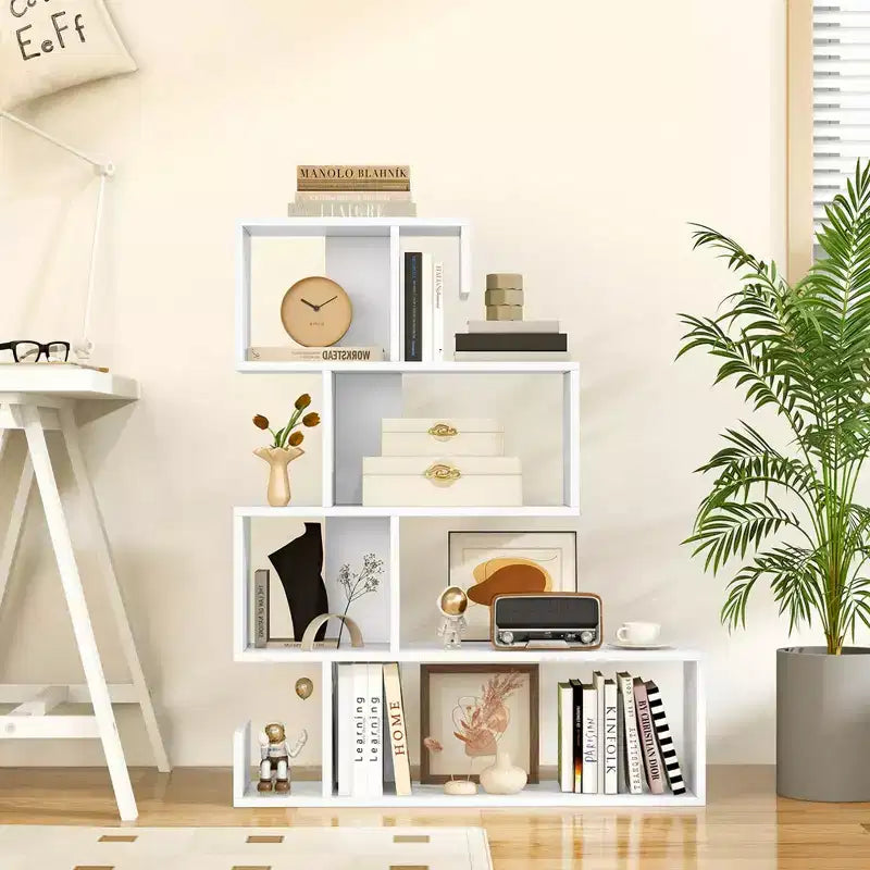 Costway 1/2 PCS S-shaped Bookshelf Freestanding Stepped Etagere Bookcase with Anti-tipping Kits White