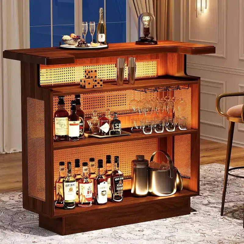 Lantine Rattan Home Bar Unit, Farmhouse 4-Tier Mini Bar Table with 4 Stemware Racks and Heightened Base, Liquor Bar Cabinet for Home Pub