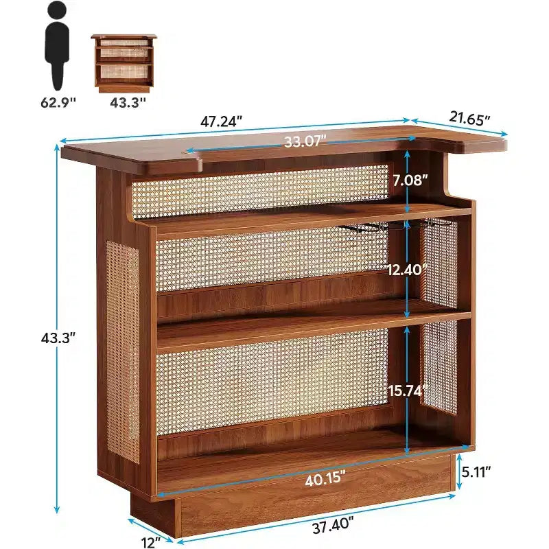 Lantine Rattan Home Bar Unit, Farmhouse 4-Tier Mini Bar Table with 4 Stemware Racks and Heightened Base, Liquor Bar Cabinet for Home Pub
