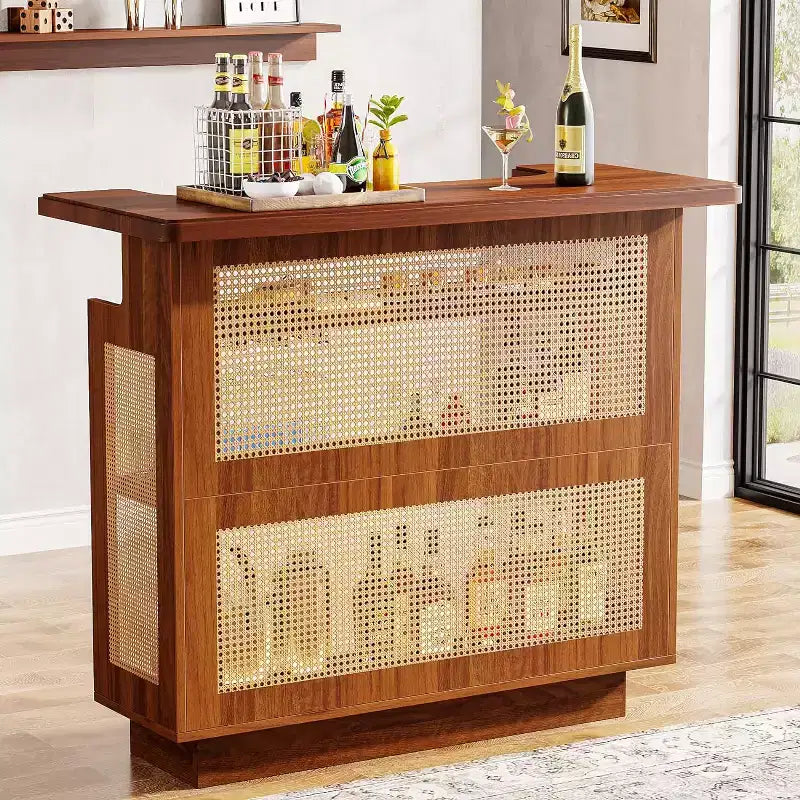 Lantine Rattan Home Bar Unit, Farmhouse 4-Tier Mini Bar Table with 4 Stemware Racks and Heightened Base, Liquor Bar Cabinet for Home Pub