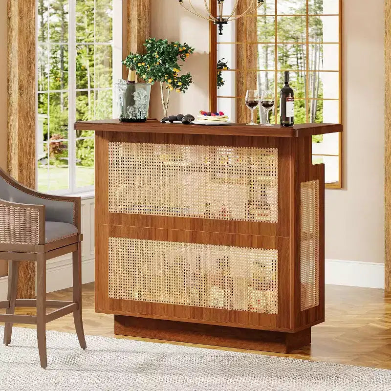 Lantine Rattan Home Bar Unit, Farmhouse 4-Tier Mini Bar Table with 4 Stemware Racks and Heightened Base, Liquor Bar Cabinet for Home Pub