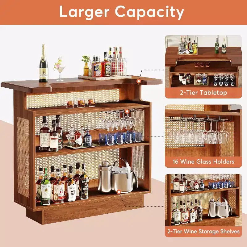 Lantine Rattan Home Bar Unit, Farmhouse 4-Tier Mini Bar Table with 4 Stemware Racks and Heightened Base, Liquor Bar Cabinet for Home Pub