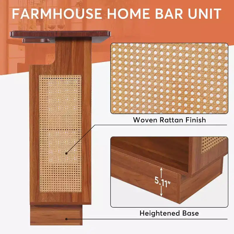 Lantine Rattan Home Bar Unit, Farmhouse 4-Tier Mini Bar Table with 4 Stemware Racks and Heightened Base, Liquor Bar Cabinet for Home Pub