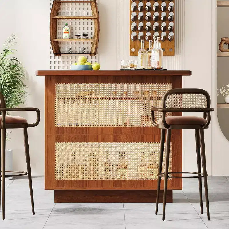 Lantine Rattan Home Bar Unit, Farmhouse 4-Tier Mini Bar Table with 4 Stemware Racks and Heightened Base, Liquor Bar Cabinet for Home Pub