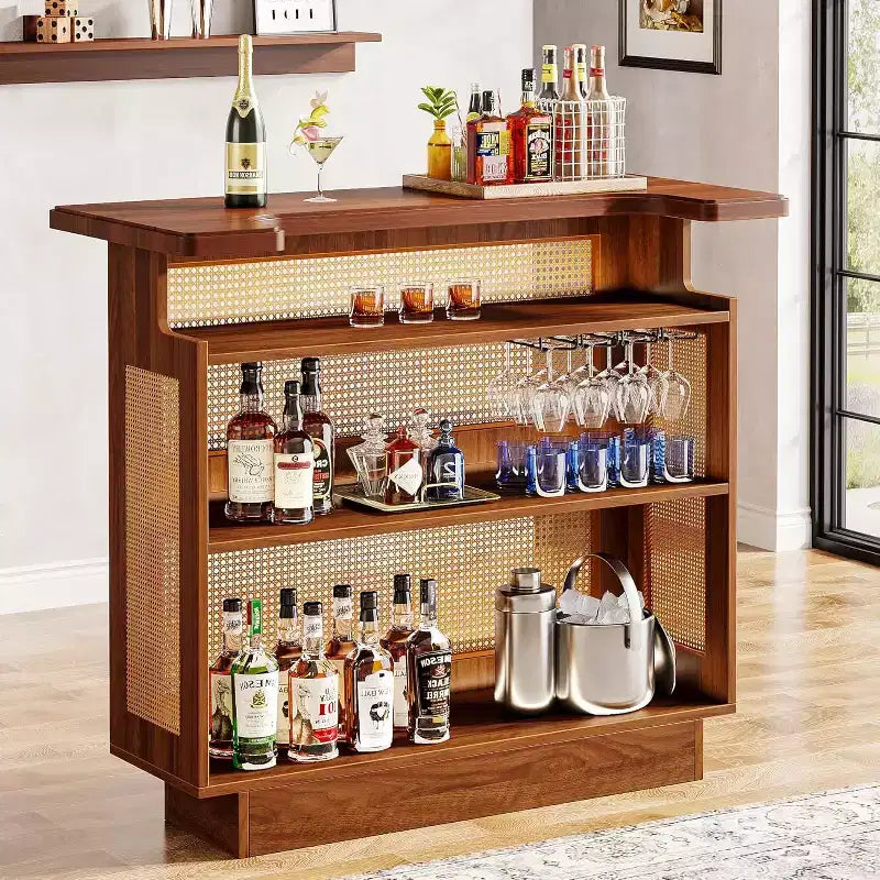 Lantine Rattan Home Bar Unit, Farmhouse 4-Tier Mini Bar Table with 4 Stemware Racks and Heightened Base, Liquor Bar Cabinet for Home Pub