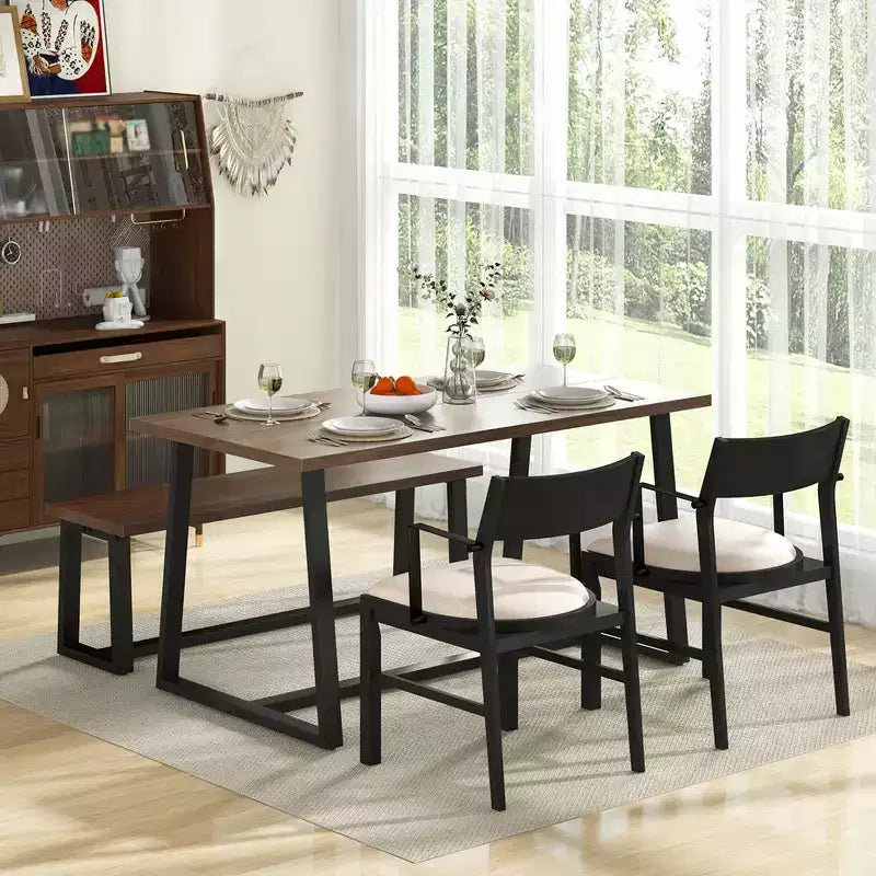 Costway 4 Pieces Dining Table Set Kitchen Table with 2 Armchairs & 1 Bench for 4 Coffee/Black