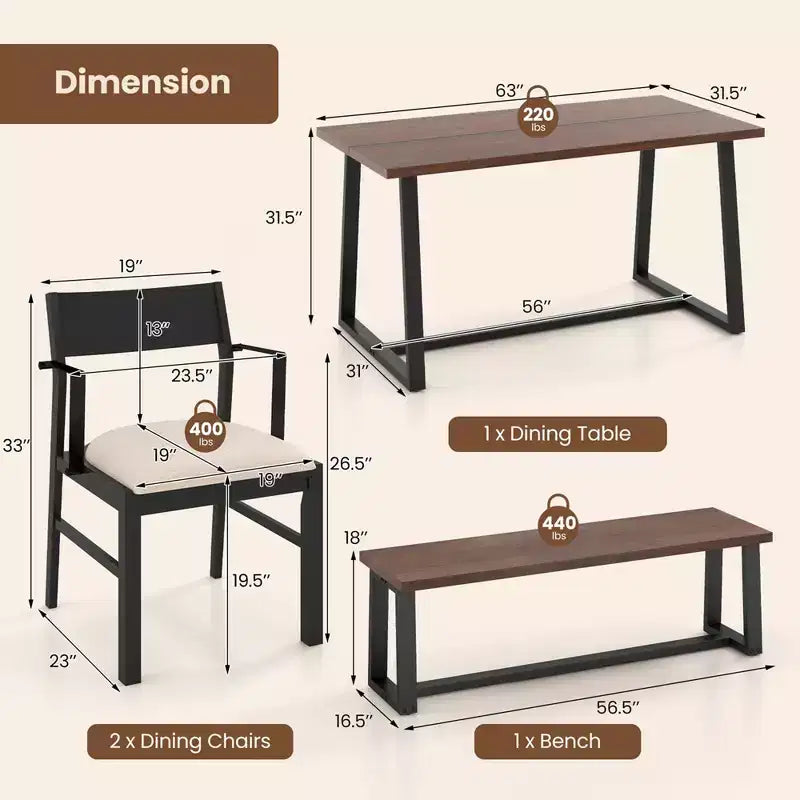 Costway 4 Pieces Dining Table Set Kitchen Table with 2 Armchairs & 1 Bench for 4 Coffee/Black