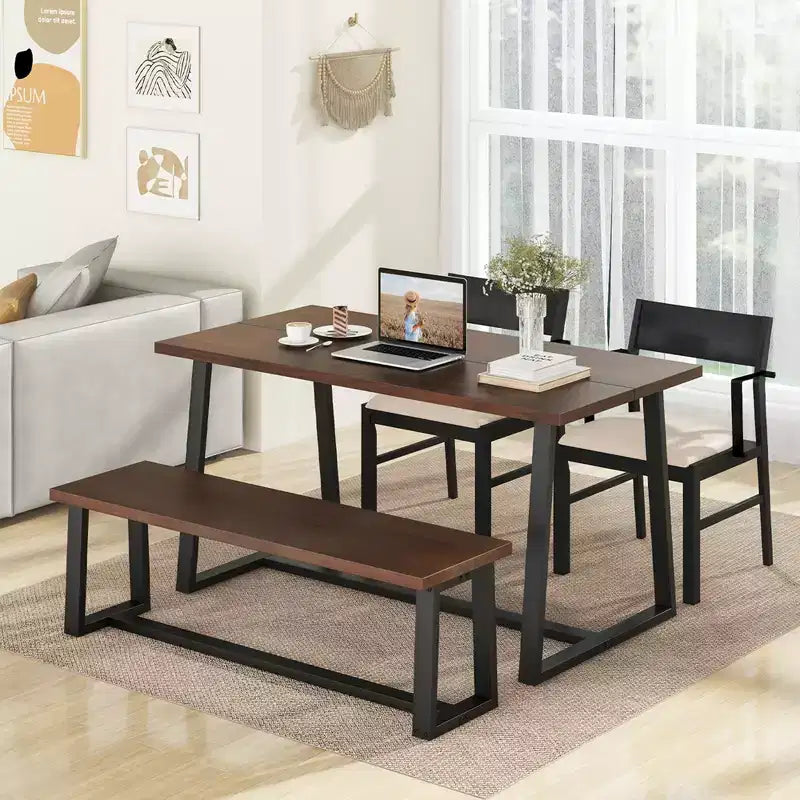 Costway 4 Pieces Dining Table Set Kitchen Table with 2 Armchairs & 1 Bench for 4 Coffee/Black