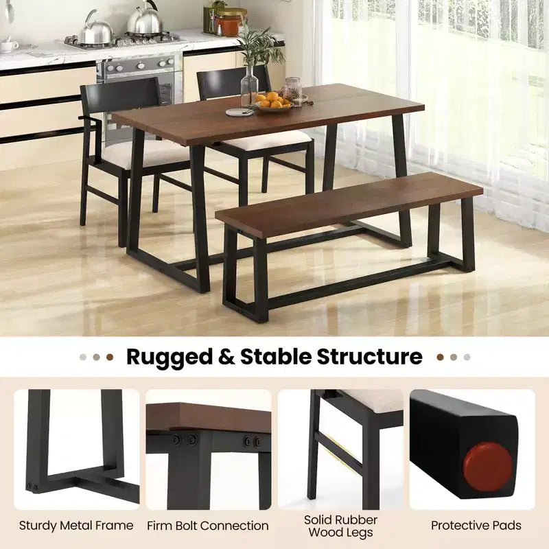 Costway 4 Pieces Dining Table Set Kitchen Table with 2 Armchairs & 1 Bench for 4 Coffee/Black