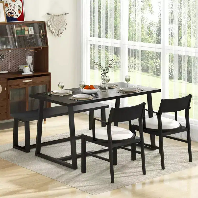 Costway 4 Pieces Dining Table Set Kitchen Table with 2 Armchairs & 1 Bench for 4 Coffee/Black