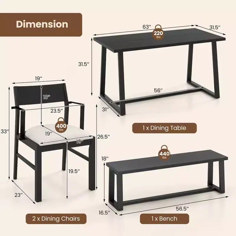 Costway 4 Pieces Dining Table Set Kitchen Table with 2 Armchairs & 1 Bench for 4 Coffee/Black