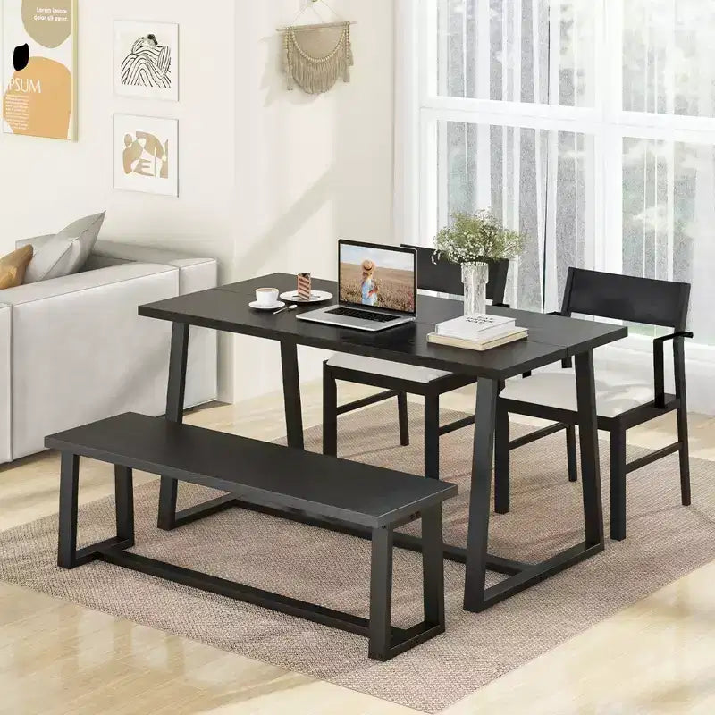 Costway 4 Pieces Dining Table Set Kitchen Table with 2 Armchairs & 1 Bench for 4 Coffee/Black