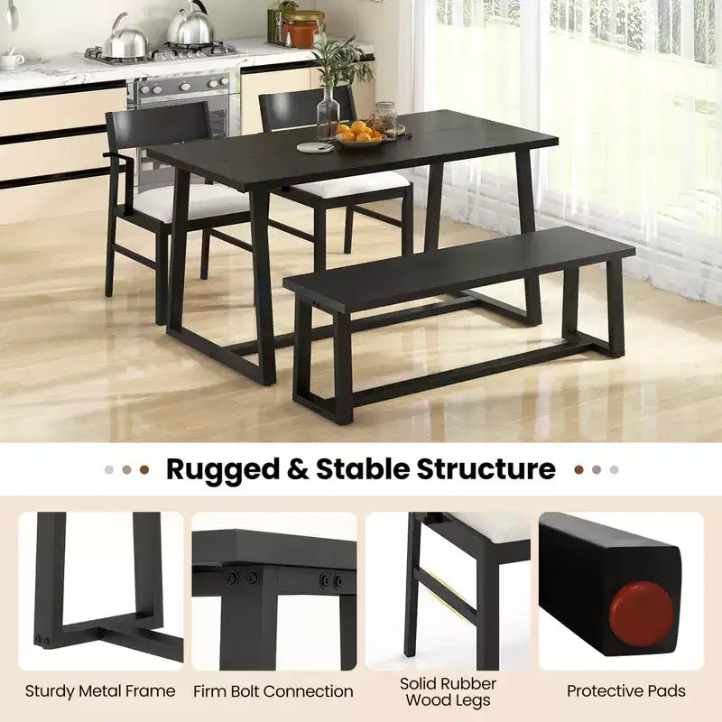 Costway 4 Pieces Dining Table Set Kitchen Table with 2 Armchairs & 1 Bench for 4 Coffee/Black