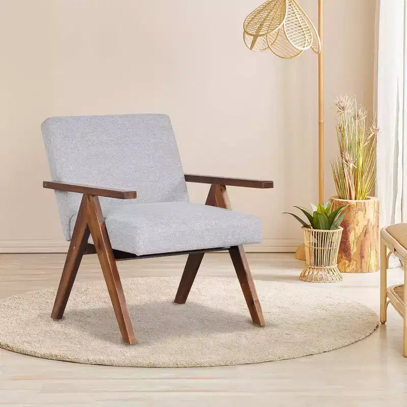 Costway 1 PCS Modern Accent Chair Linen Fabric Armchair with Solid Acacia Wood Frame Beige/Grey