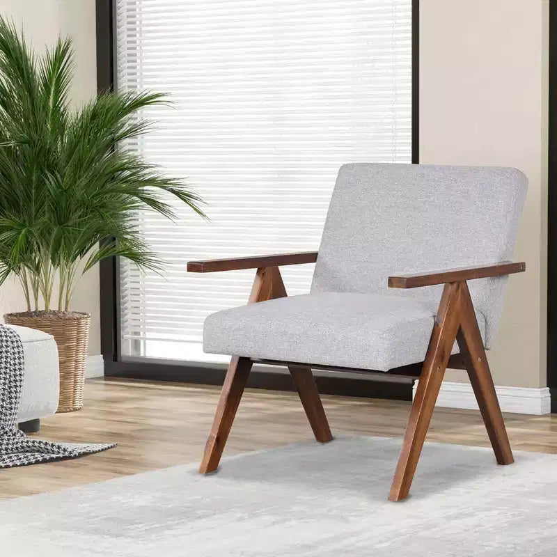 Costway 1 PCS Modern Accent Chair Linen Fabric Armchair with Solid Acacia Wood Frame Beige/Grey