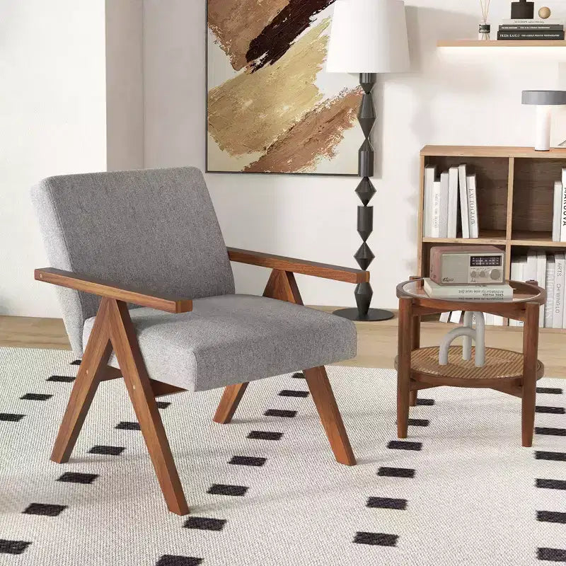 Costway 1 PCS Modern Accent Chair Linen Fabric Armchair with Solid Acacia Wood Frame Beige/Grey
