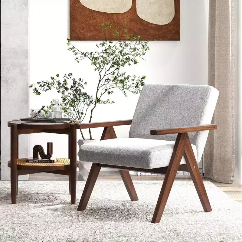 Costway 1 PCS Modern Accent Chair Linen Fabric Armchair with Solid Acacia Wood Frame Beige/Grey